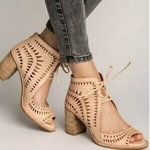Jeffrey Campbell Stylish Cordillo Lace-Up Mule Tan Peep-Toe Heel, Size 5